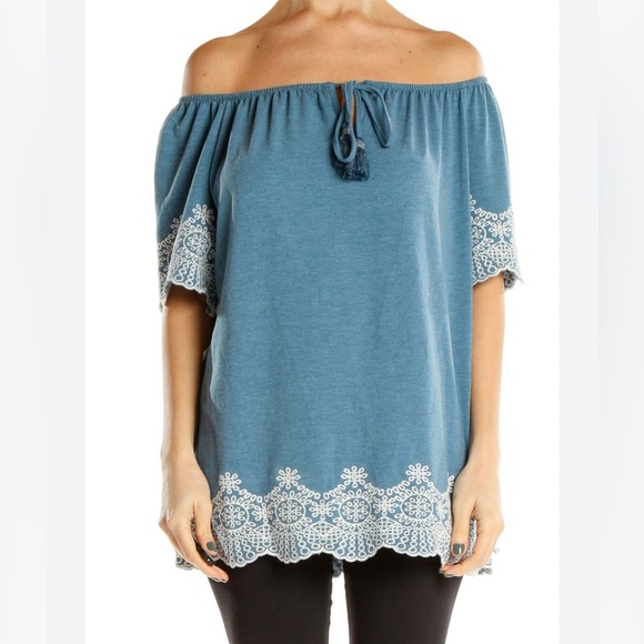 Adrianna Papell Embroidered Tasseled Peasant Blouse Top Blue XL - Picture 1 of 13